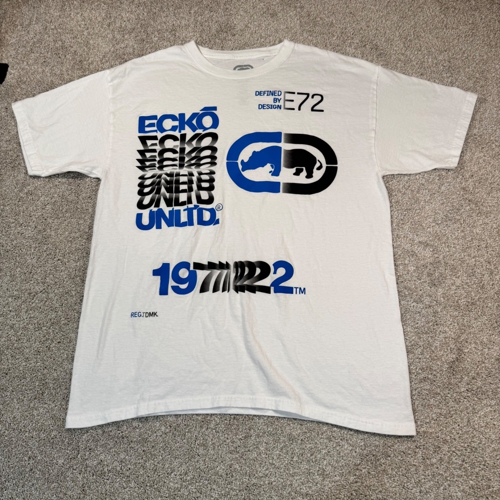 Ecko Unltd Mens Rhino Logo Graphic T-Shirt White Short Sleeve Crew Large Y2K